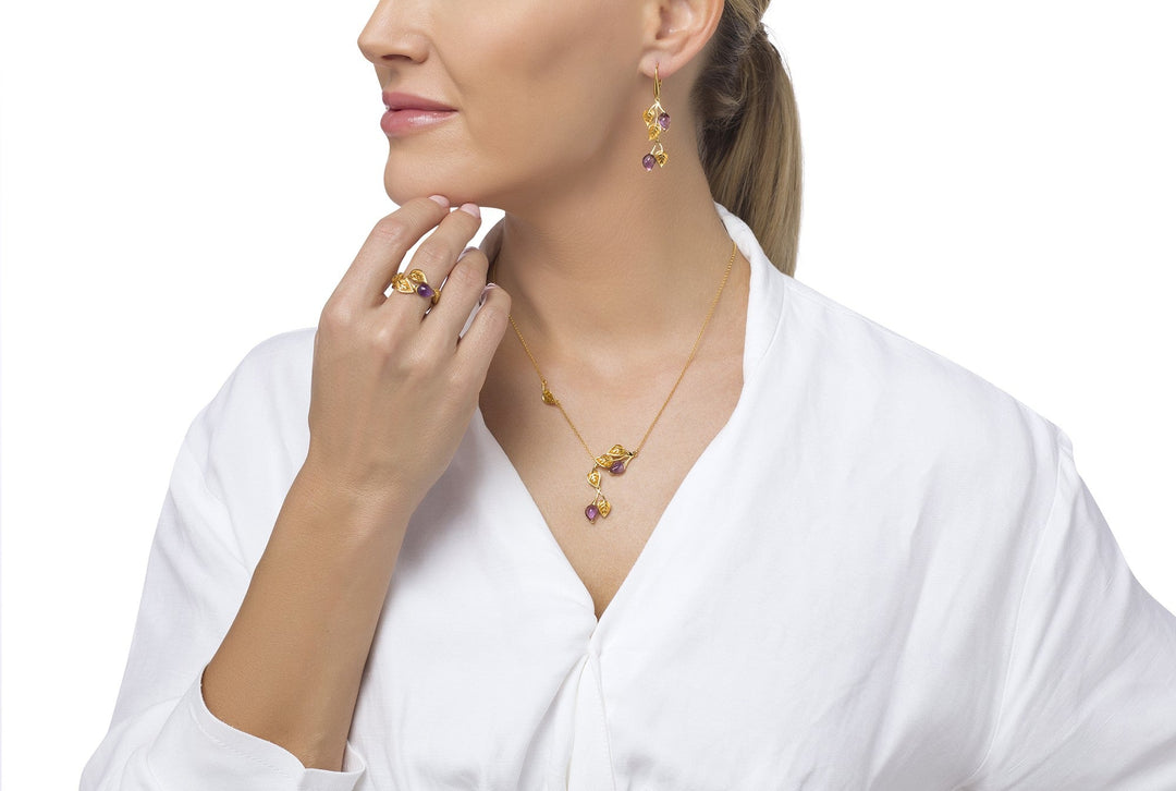 Golden Leaf Branch Purple Necklace