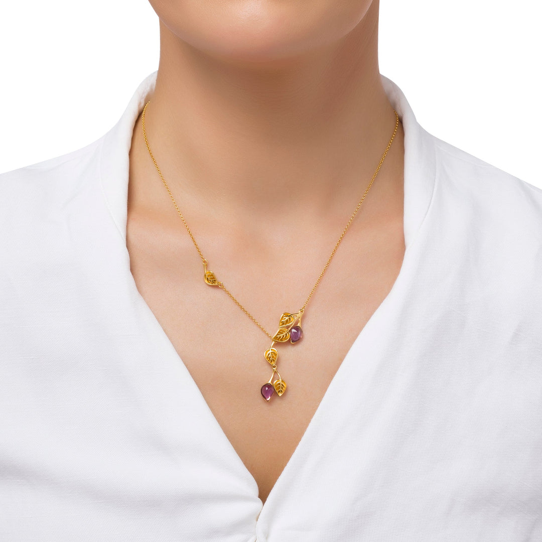 Golden Leaf Branch Purple Necklace